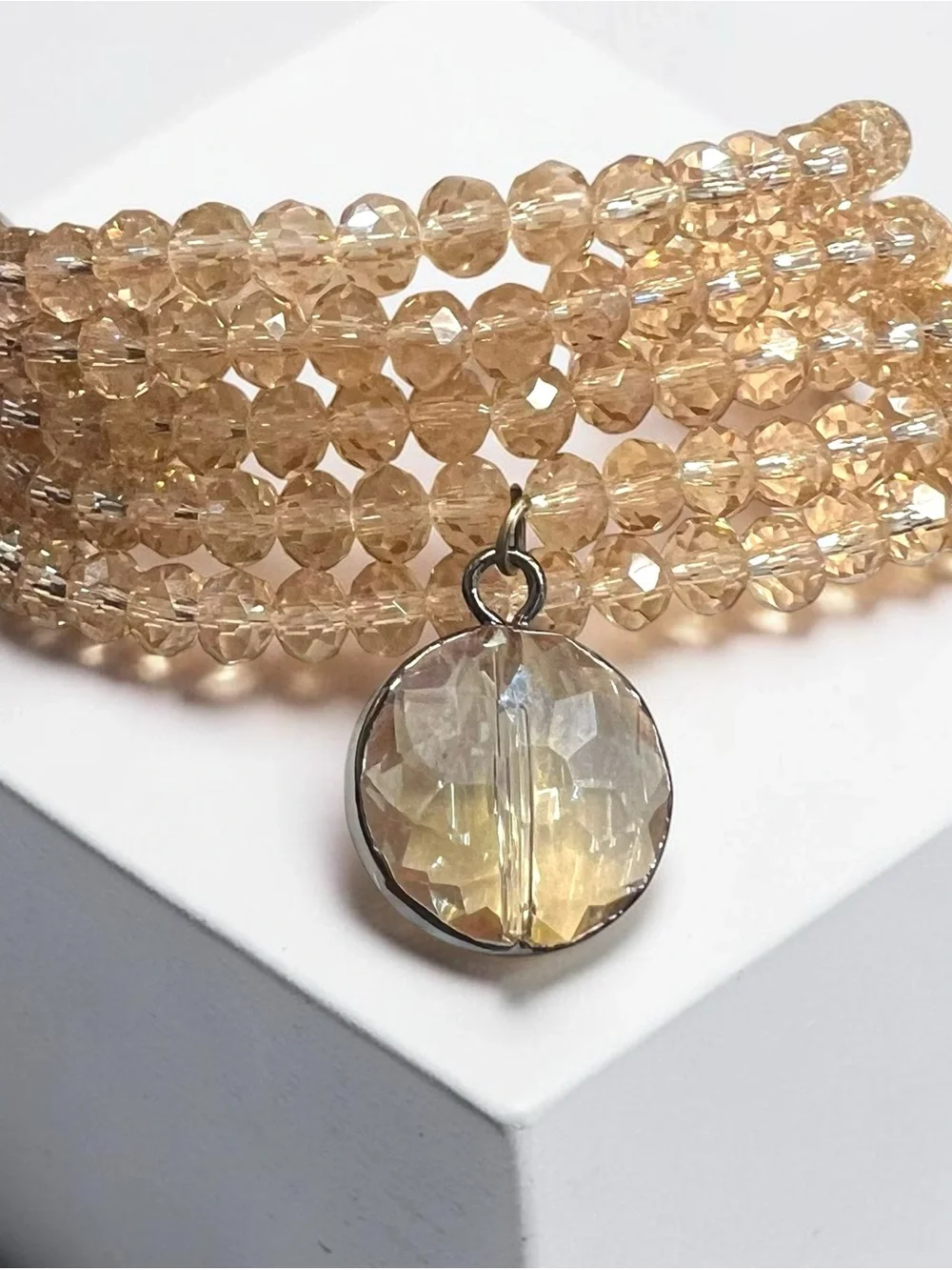 Faceted Champagne Bead Wrap Bracelet with Crystal Charm
